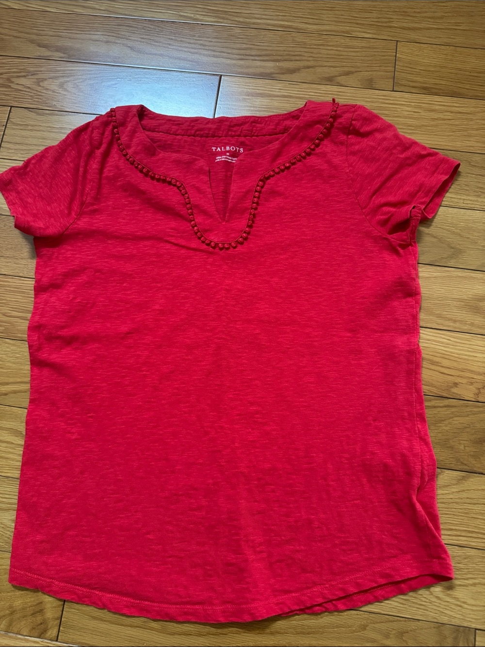 Talbots Red Short Sleeve Beaded Notch-Neck Tee